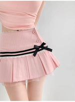 Striped Contrasting Color Bow Lace Splicing Pleated Skirt Women 2026 Summer American Style Low WaistA-line Short Skirt UBFK