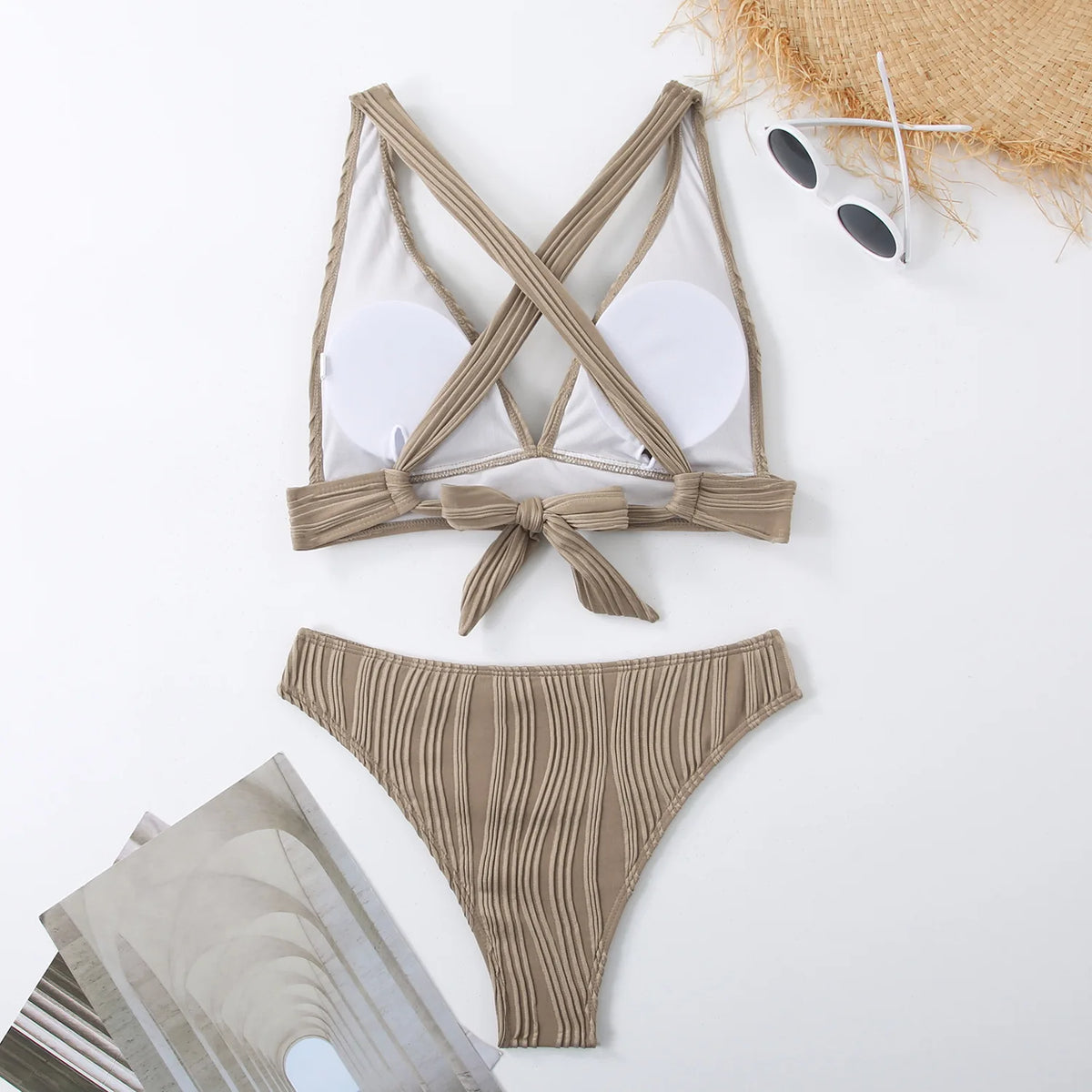Wrinkled Crinkled Cross Back Bikini Women Swimwear Female Swimsuit Two-pieces Bikini Set High Cut Bathing Suit Swim Beach Wear
