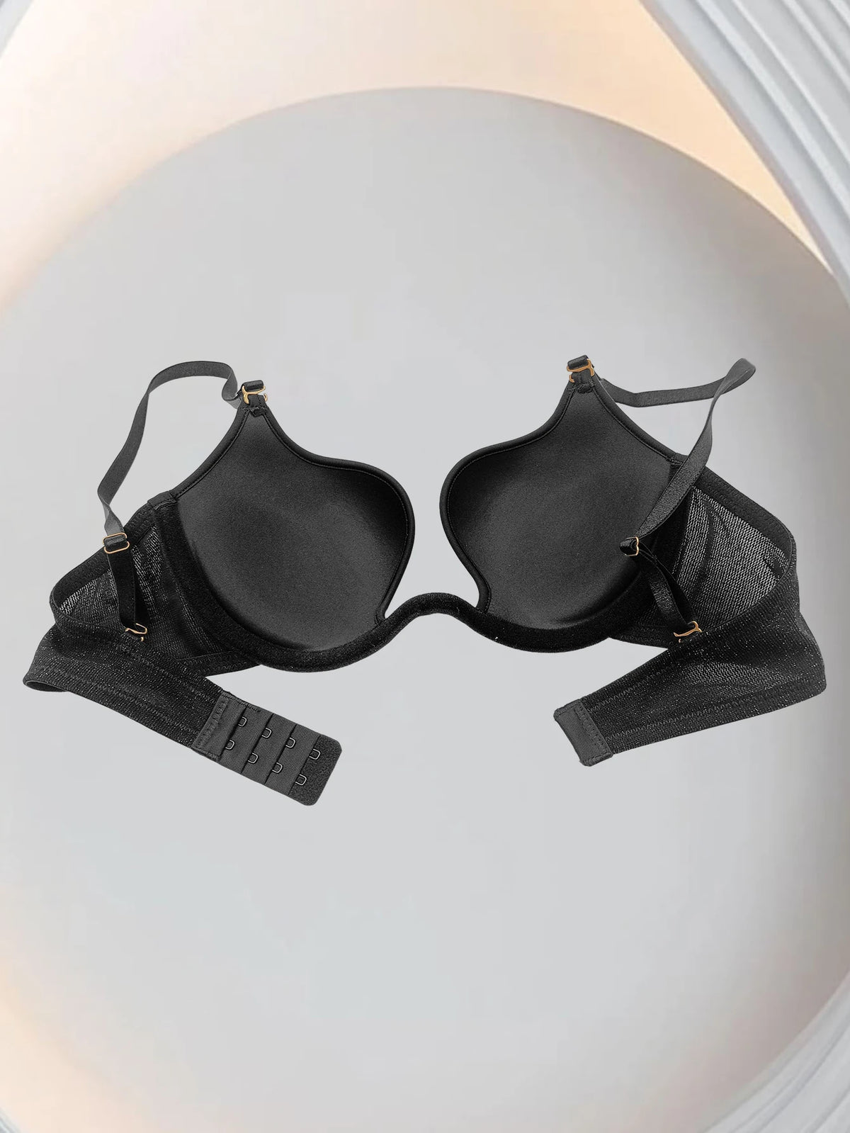 Black deep V-neck cinched top underwear for women, large breasts make small, soft steel coil bra, sexy mesh bra