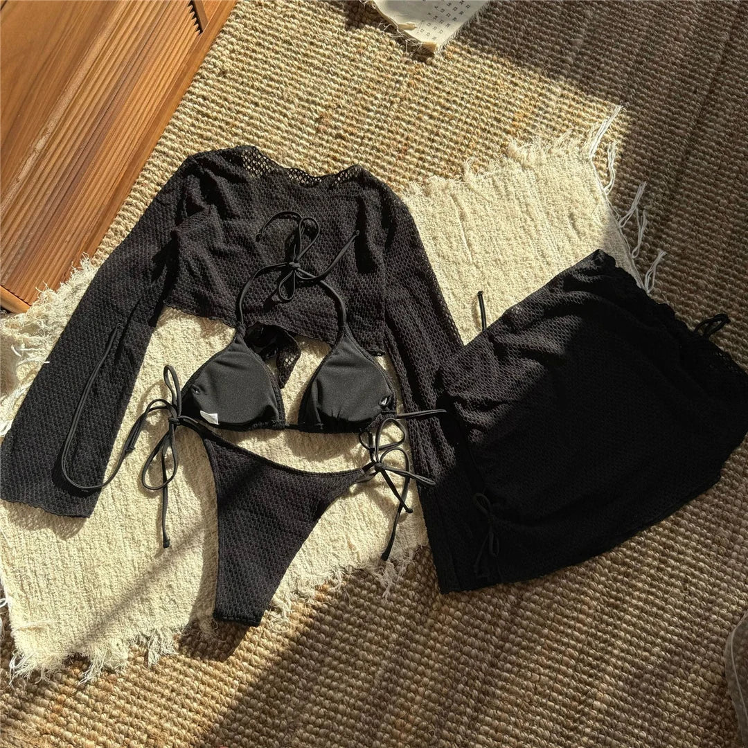 9 Colors New Long Sleeve With Skirt Bikini Female Swimsuit Women Swimwear Four-pieces Bikini set Bather Bathing Suit Swim V6358P