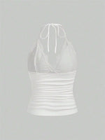 Lace V-neck Halter Top Women Summer Sexy Grunge Punk Goth Backless Ruched Crop Top Cami Top Streetwear Y2K Clothes 2024