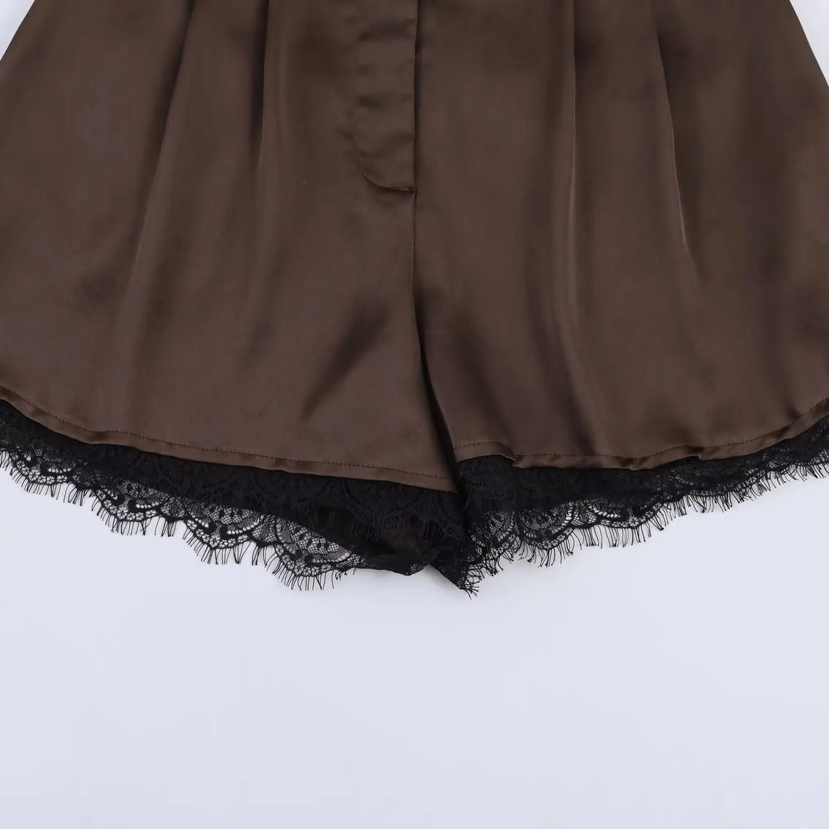 Women's Fashion Satin Texture Casual Style Shorts Elegant Brown Satin Pleated Shorts For Women High-Waisted Black Lace Trim PPDS