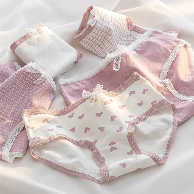1 Pack Women's Cute Lace Trim Cotton Underwear Bow & Heart Print Briefs Sweet Style Lingerie M-XL Breathable Daily Panty
