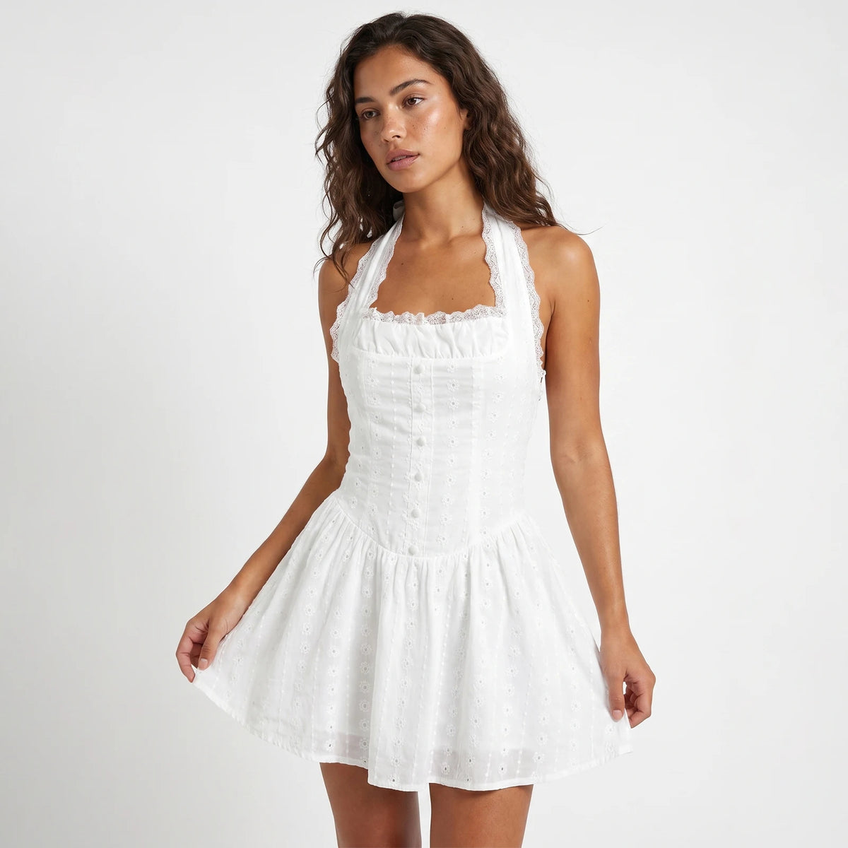 Women's Summer Solid Color Halter Neck Mini Dress Lace Trim Neckline Eyelet Embroidery Backless Tie-Back Slim Party Dresses