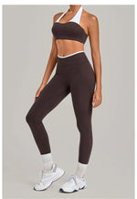 2 Pieces Color-block Yoga Sets WomenHanging Neck Sports Bra High Waist Pants Built-in Pockets Outdoor Fitness Workout Suit