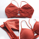 Front Hollow Out Ribbed Bralette Criss Cross Back Thin Straps Removable Chest Pads Wireless Bra Breathable Daily Underwear