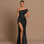 Elegant Satin Solid Color Off-Shoulder Women's Long Dress Sexy High-Waisted Flim Slit Pleated Dress for Lady Party Wedding