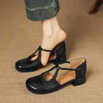 Women's T-Strap Shallow Flat Sandals Soft Leather Rome French Slip-on Single Shoes Retro Round Toe Shoes for Women Summer 32-43