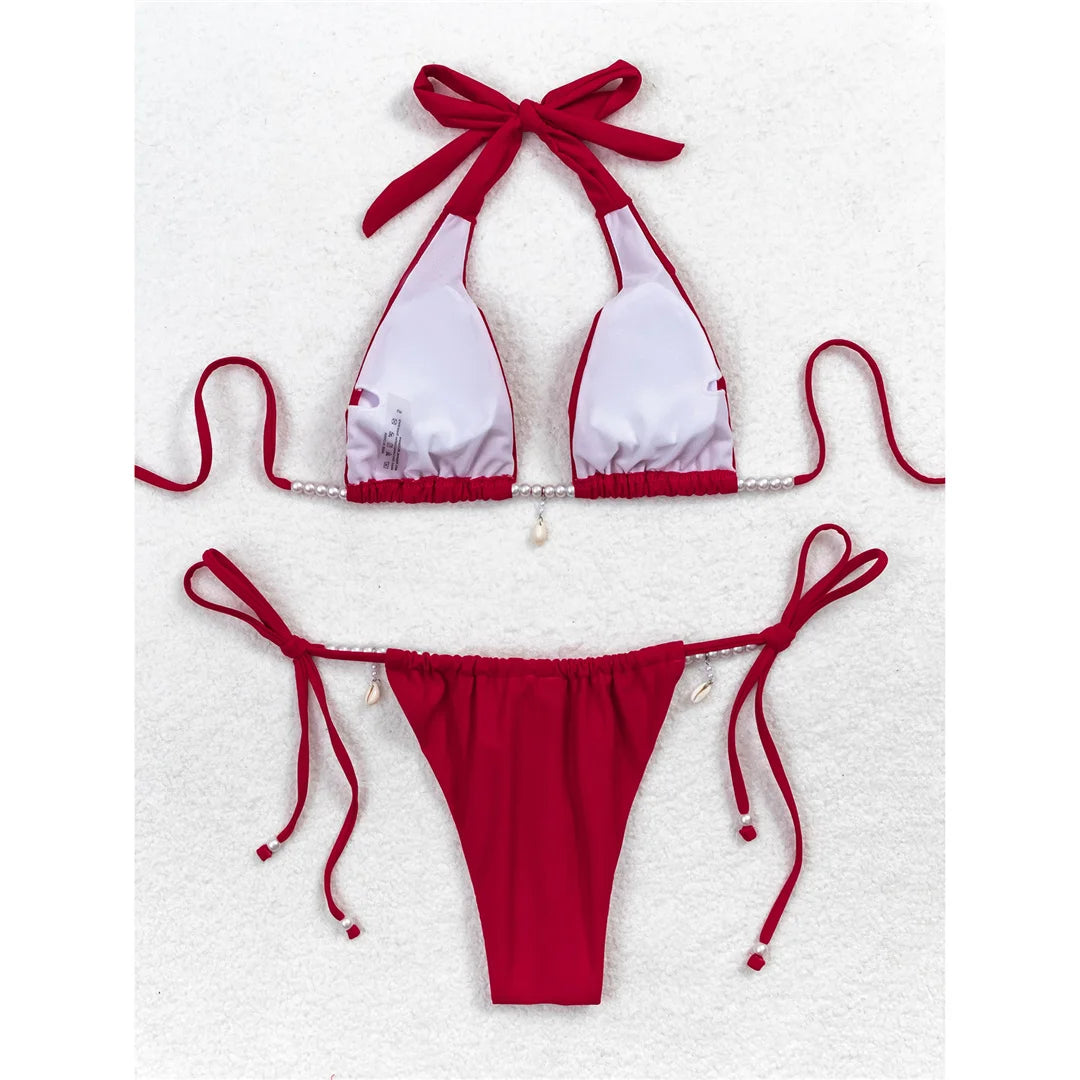 Pearls Halter High Leg Cut Strappy Bikini Women Swimwear Female Swimsuit Two-Pieces Bikini Set Bather Bathing Suit Swim V6290