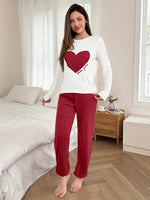 Women Autumn Winter Warm Pajamas Set Casual Fleece-Lined Round Neck Long Sleeve Tops and Trouses Sets Homewear Loungewear