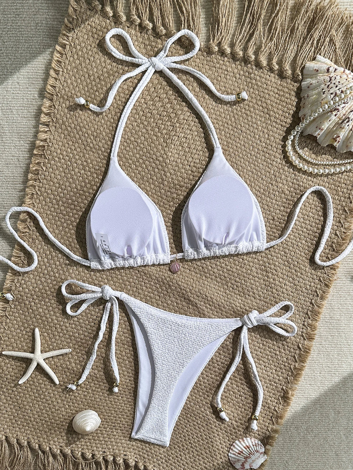 Sexy Pink White Bikini Set 2026 Women Shell Ornament Push Up Tie Side Thong Swimsuit Summer Bathing Suit Holiday Micro Swimwear