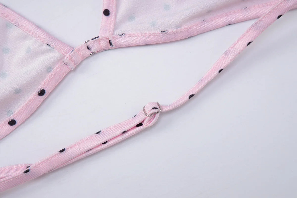 FDYOUI Women's Polka Dot Print Pink Swimsuit Lace-up Bras Panties Split Skirts 3 Pieces Bikinis Sets Bathing Suit Beach Swimwear