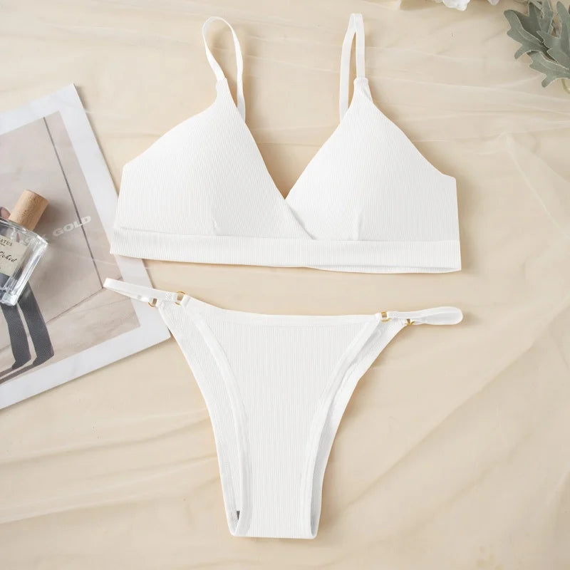 Women Ribbed Triangle Bra And Panties Set Wireless V Neck Thin Strap Bra Low Waist Briefs Ladies Removable Pads Lingerie Set