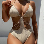 Woman Bikini Triangle Top Ribbed Fabric Black Bikinis Side Cutout Chain Detail Swimsuit High Cut Bottom Belly Chain Beachwear
