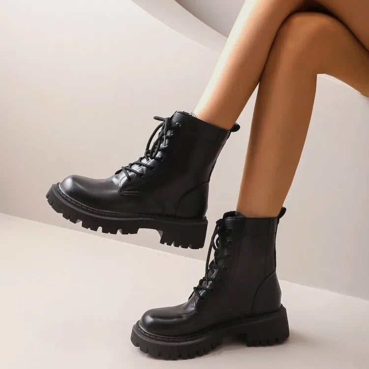 Women Lace Up Combat Ankle Boots PU Leather Chunky Lug Sole Round Toe Casual Winter Daily Shoes
