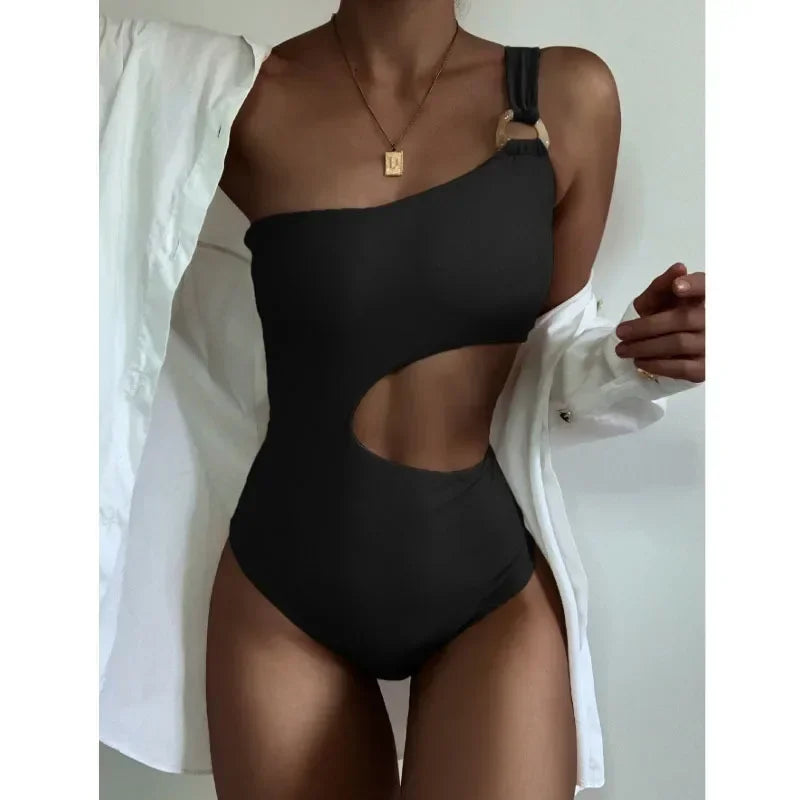 2026 One Shoulder Swimwear Women Solid Color Hollow Out One Piece Swimsuit Summer Beach Bathing Suit Backless Bodysuit Monokini