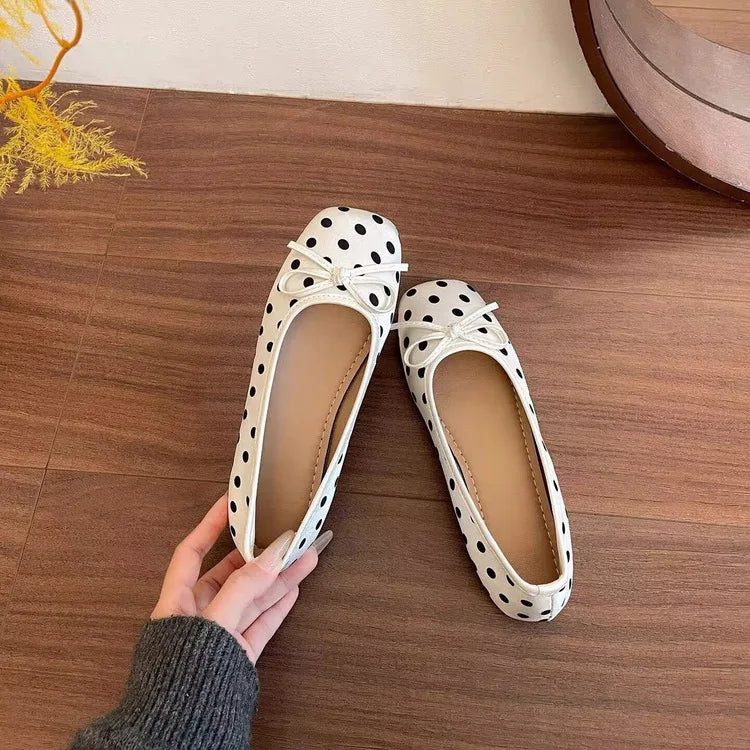 New Butterfly-knot Women Dot Ballet Flats Comfort Square Toe Slip on Shoes Ladies Eelgant Soft Sole Dress Mary Jane Shoes