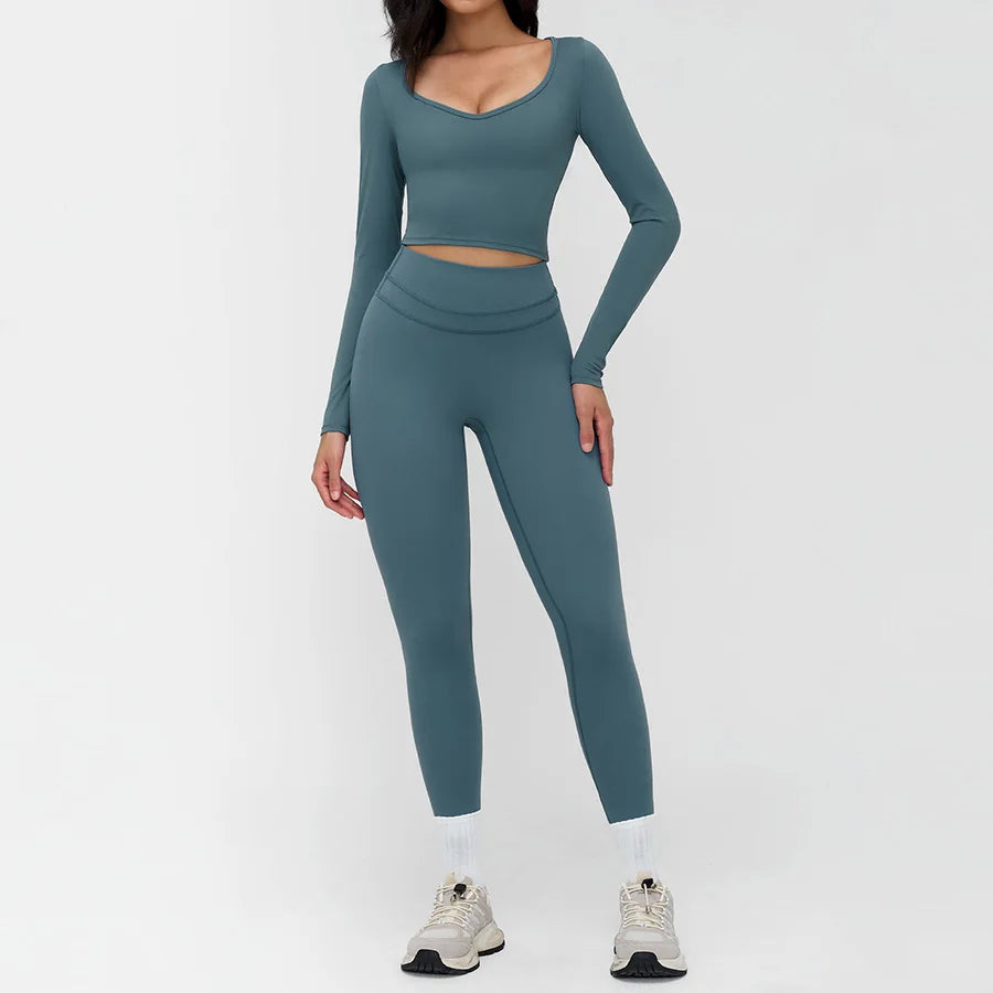 2 Pieces Sportswear Women Yoga Set Gym Clothes Fitness Set Outfit Outdoor Long-Sleeved Shirt Tracksuits Sports Bra Gym Leggings