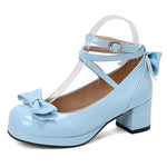 Big Size 50 Sweet Purple Mary Janes Pumps Cute Blue Bow Knot Block Heels Shoes Women White Lovely Lolita Pink y2k Platform Shoes