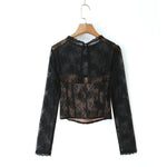 Pure Desire Sexy Sheer Crochet Lace Base Shirt Waist-Tightening Top T-Shirt For Woman Transparent Mesh Casual T-Shirt Charm ADSE
