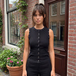 Summer Women's Studded Tank Tops Casual Stylish Button Down Crew Neck Slim Fit Sleeveless Vest Ribbed Gothic Punk Street