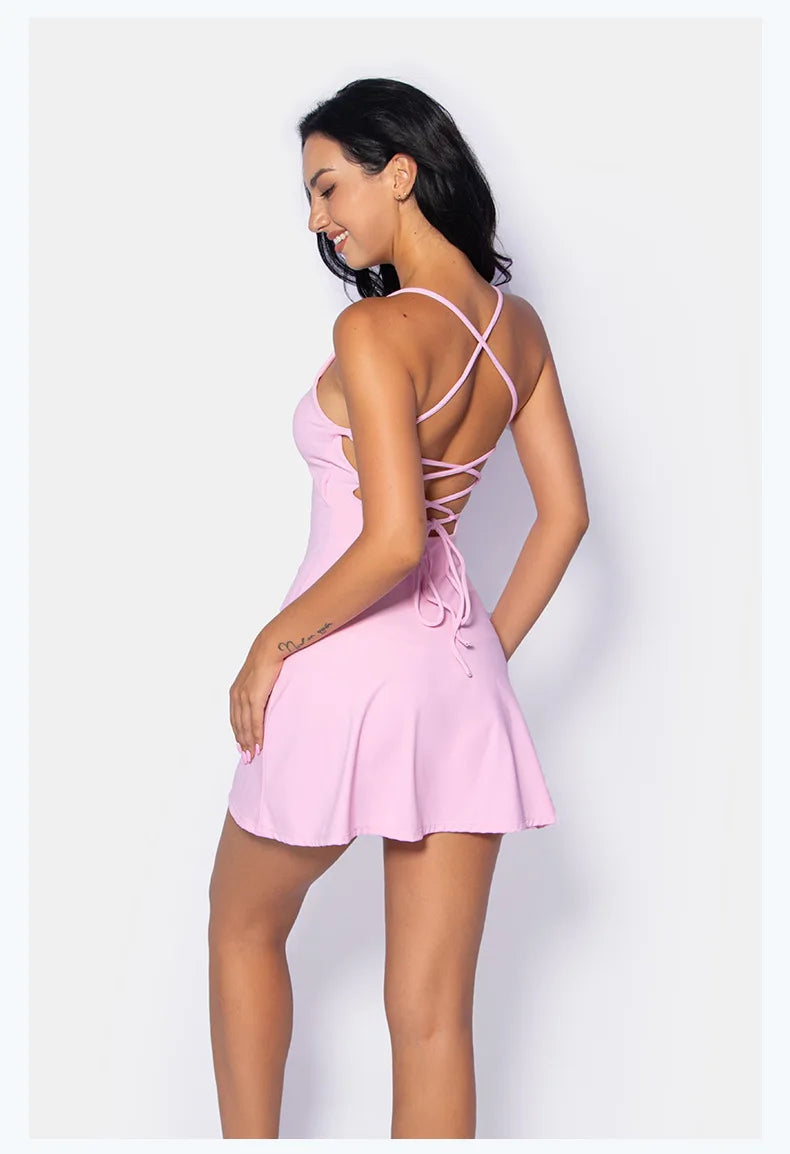 Summer Sleeveless Tennis Dress for Women Pink Hollow Out Backless Lace Up Gym Fitness Golf Badminton Pocket Skirt Suit Sportwear