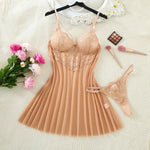 Champagne Daisy Floral Lace Sheer Mesh Babydoll Lingerie Set Slip Nightdress With Matching Thong Women Sexy Sleepwear ZA825096