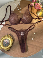 French Vintage Dark Brown Lace Lingerie Set Women Sexy Sheer Mesh Bralette Bra and Panty Thong 2 Piece Sets