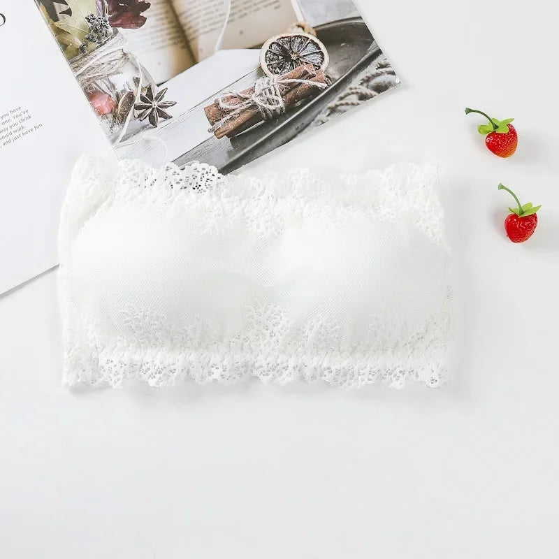 Women Floral Lace Tube Top Wireless Bra Sexy Lingerie Strapless Bralette Solid Color Crop Top Female Padded Bandeau Padded Bra