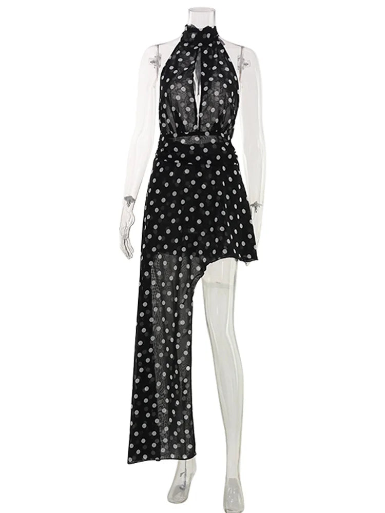 Ahagaga Fashion Maxi Dresses Women Sexy Halter Neck Hollow Out High Split Polka Dot Print Elegant Party Vacation Beach Vestidos