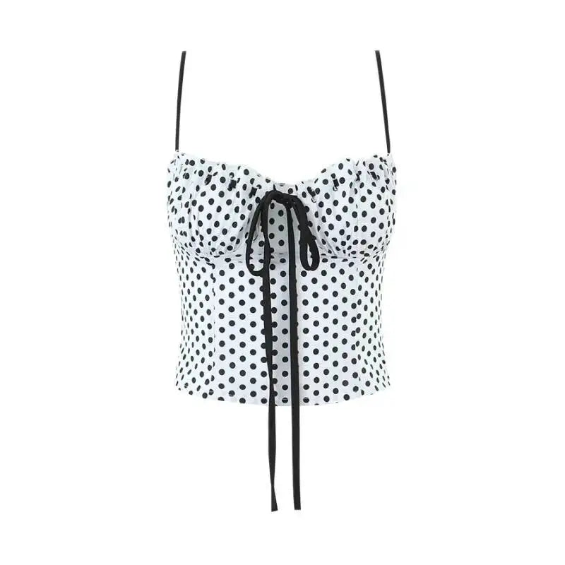 Sweet Girly Plaid Polka Dot Print With Drawstring Tie For Vacations Red Gingham With Bow Scallop Trim Fitted Bustier Style X6P8
