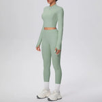 New Women Yoga Set Solid Color Double-Sided Brushed Bare Feel Short Long-Sleeve Jacket Tight Pants Running Fitness 2-Piece Set