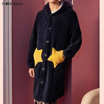 Unisex Men Women Warm Loungewear Dressing Gown Winter Thickened Coral Fleece Kimono Bathrobe with Star Pockets