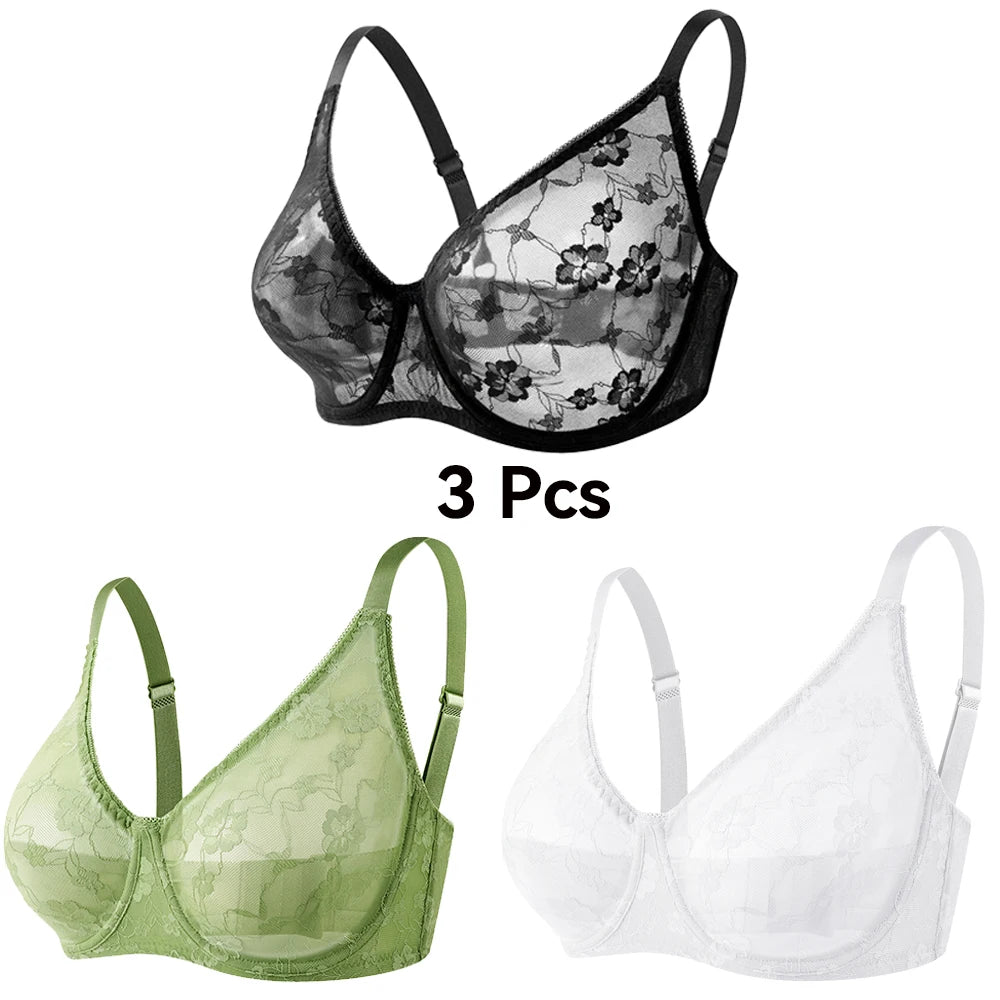 3 Pcs Women's Bra Elegant Retro Lace Sheer Unpadded Sexy Lingerie BH Tops Flower knitting Brassiere Underwire Plus Size Bras