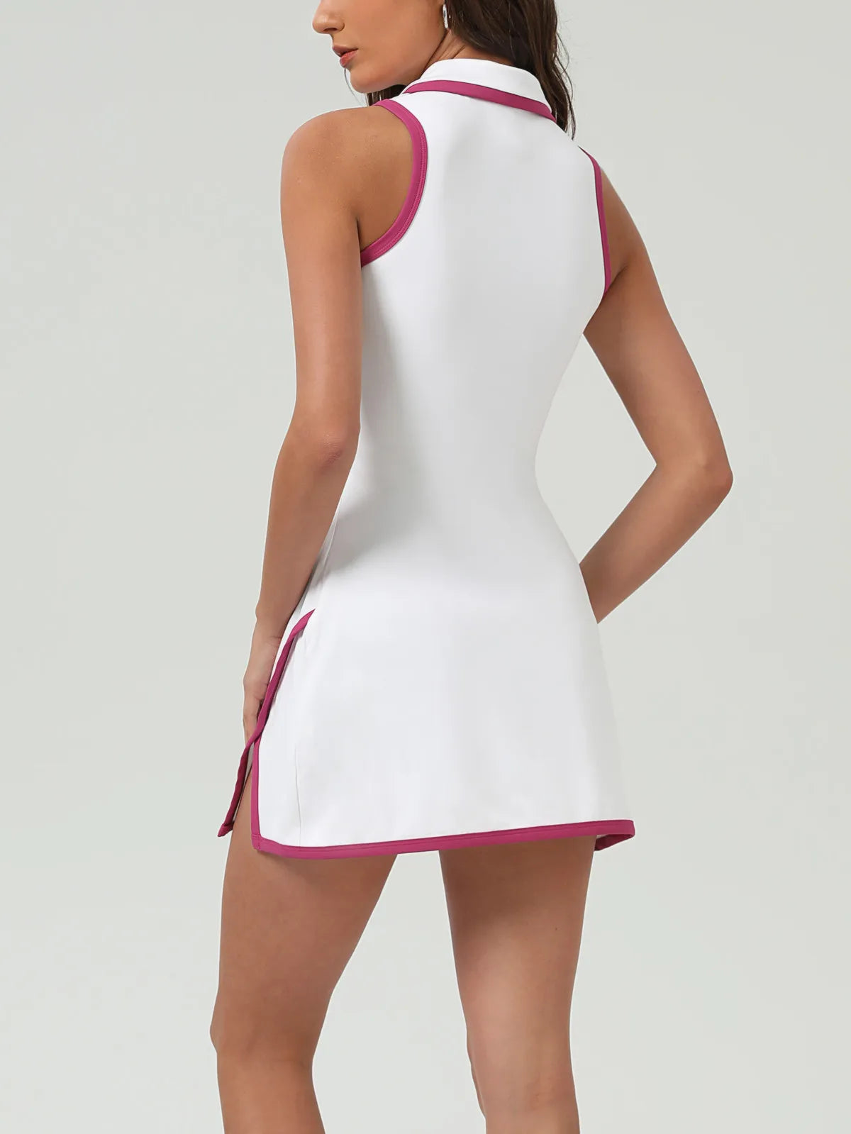 Summer Women's Tennis Dress White Contrast 2-in-1 Tennis Golf Sports Dresses Polo Collar Zipper Slim Split Fitness Dress
