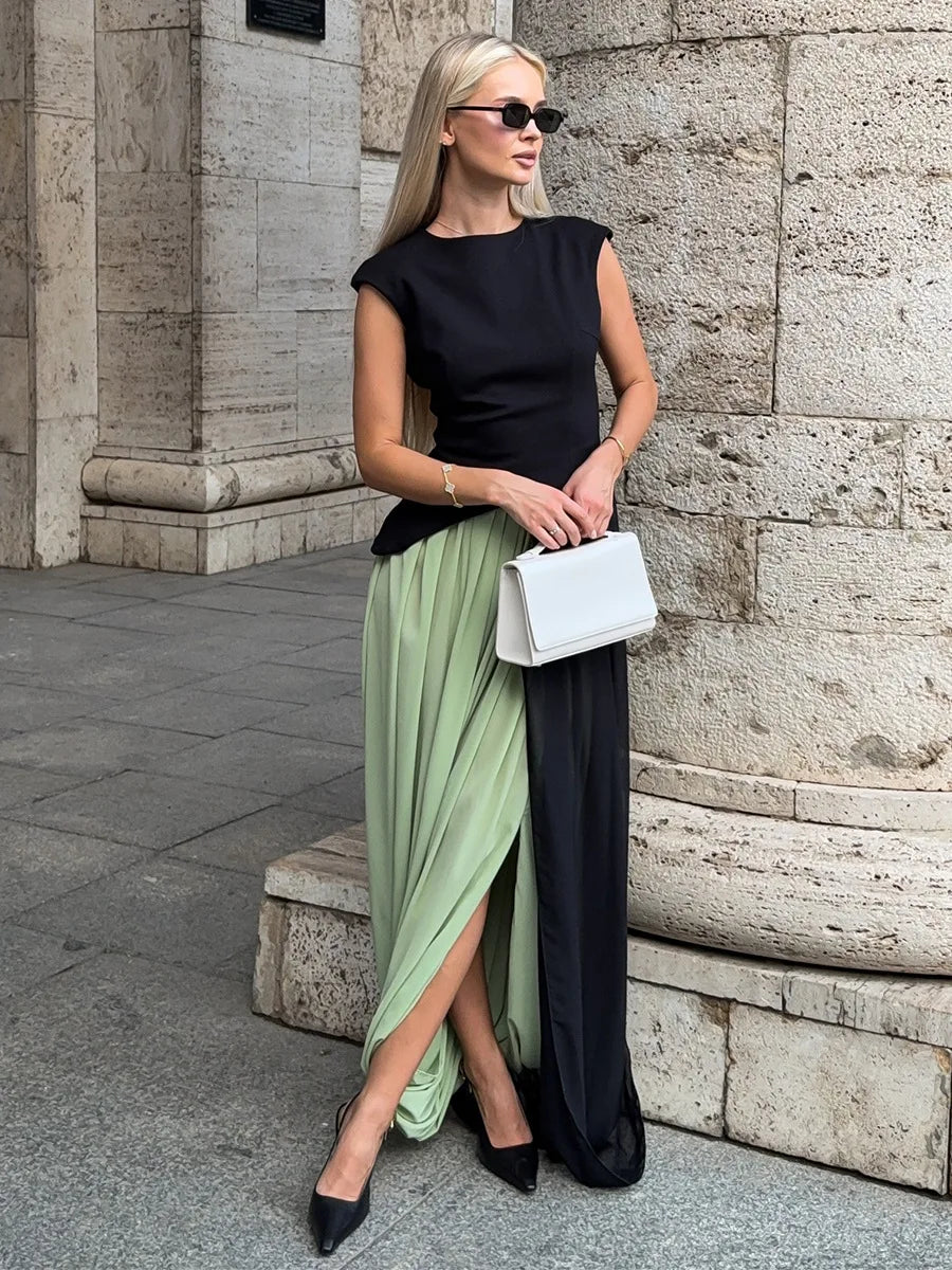 FDYOUI Elegant Solid Color Pleated Skirts for Women 2026 Chic High Slit Long Skirt High Street Office Lady Vacation Party Dress
