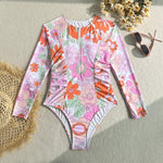 Pink Floral Print Surf Swimwear Women Front Zipper Long Sleeve Sunscreen Holiday One Piece Swimsuit Bathing Suit Monokini 2026