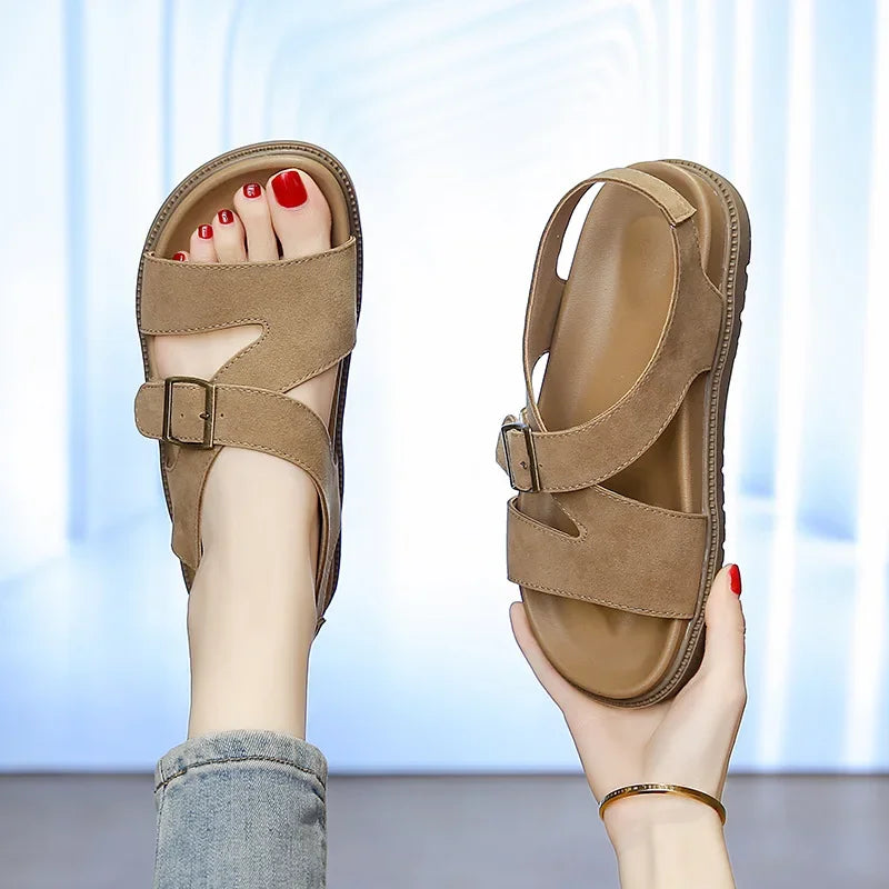 Women Sandals Summer New Solid Color Open Toe Flat Casual Slippers Buckle Fashion Outdoors Beach Sandals Sandalias De Mujer