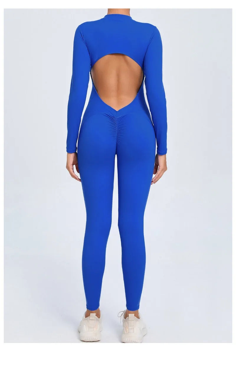 Women's Seamless Yoga Bodysuit Long Sleeve Zipper & Back Cutout Naked Feeling Quick-Dry Running Fitness Workout Jumpsuit