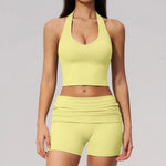2PCS Yoga Set Women V-neck Cross Neck Shock-absorbing Sports Vest Workout Pleate Flip High Waist Shorts Gym Runing Fitness Suits