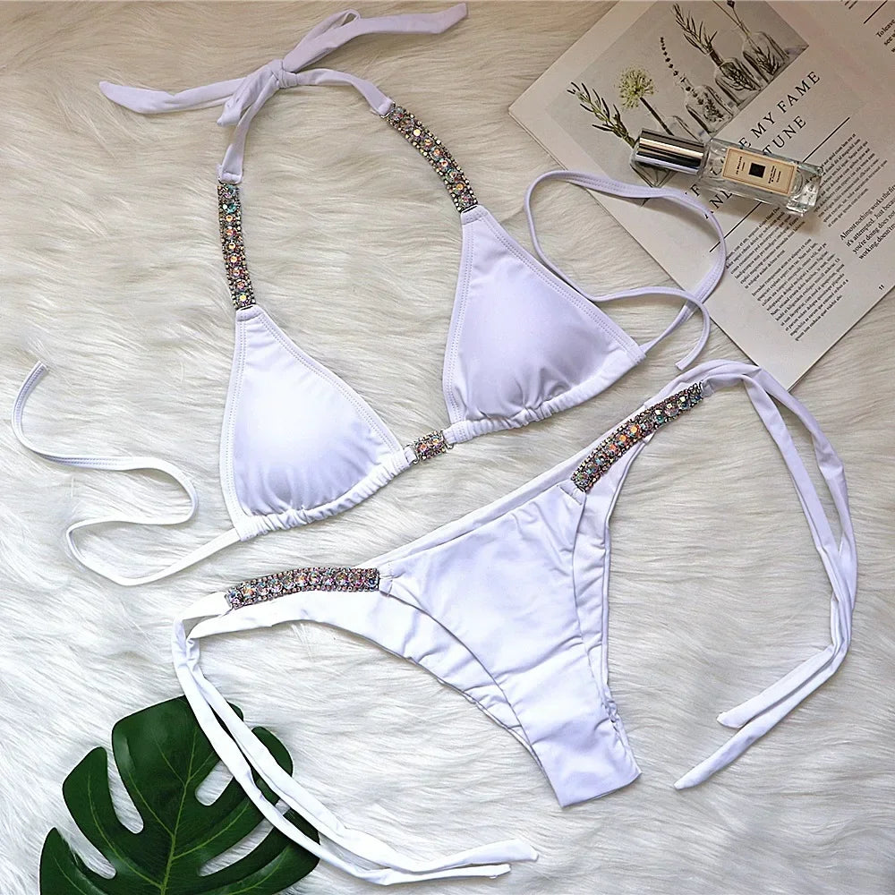 Luxury Rhinestone Bikini Women 2025 Sexy Orange Yellow Crystal Diamond Push Up Thong Swimsuit Beach Bathing Suit Tanga Swimwear