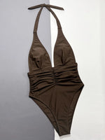 V Neck Halter Wrinkled Women Swimwear One Piece Swimsuit Female High Cut Backless Monokini Bather Bathing Suit Swim Beachwear