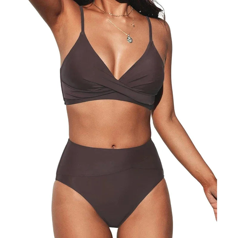 Bikini Set Women's 2 Piece Swimwear Cross Ruched V Neck High Waisted Push Up Bikini 2025 New Beach Vacation Ladies Bathing Suit