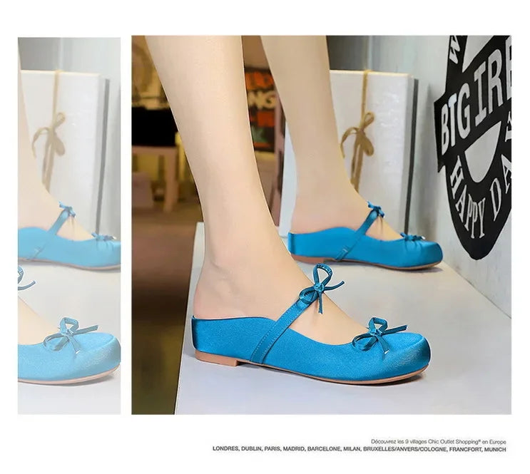 BIGTREE Satin Bow With One Strap With Shallow Mouth Half-Tugging Women's Hollow Inner Heightened Round-Head Sandals Comfortable