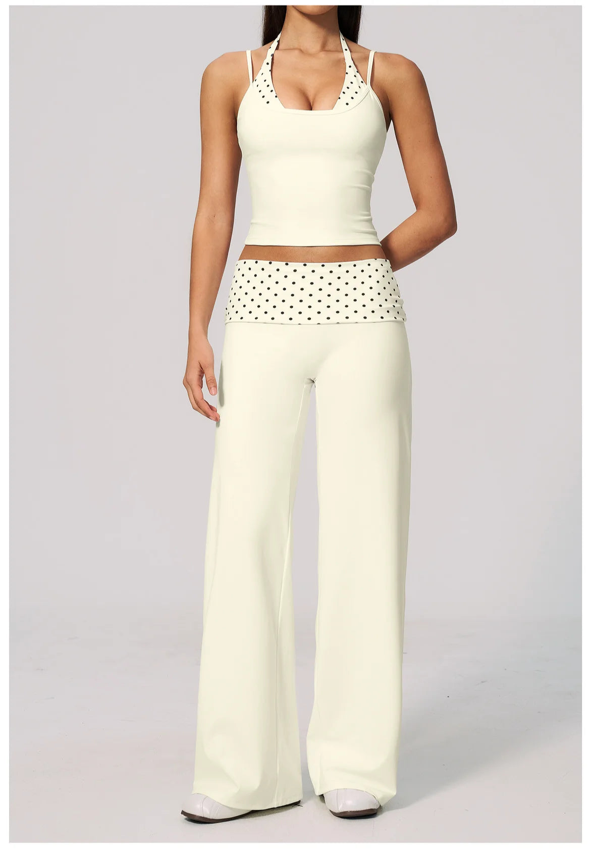 Women's 2 Piece Yoga Set Halter Neck Crop Top Fold Over Waist Wide Legged Flare Trousers Polka Dot Striped Gym Workout Running