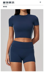 Color Contrast Yoga Suit Women Short Sleeve O Neck Sports T Shirts Tracksuit Outwear High Waist Shorts Gym Running Fitness Suits