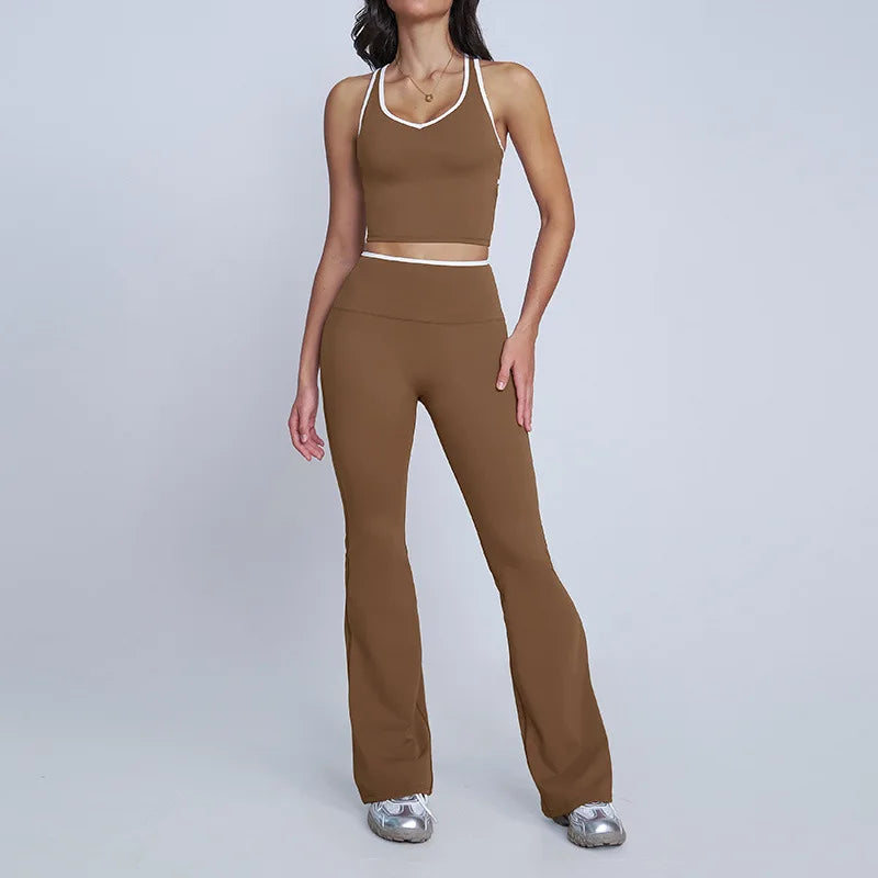 Tight Naked Yoga Shorts Suit Women Double Strap Sports Bra High Waist Flare Leggings Fitness Suit Gym Running Workout Clothes