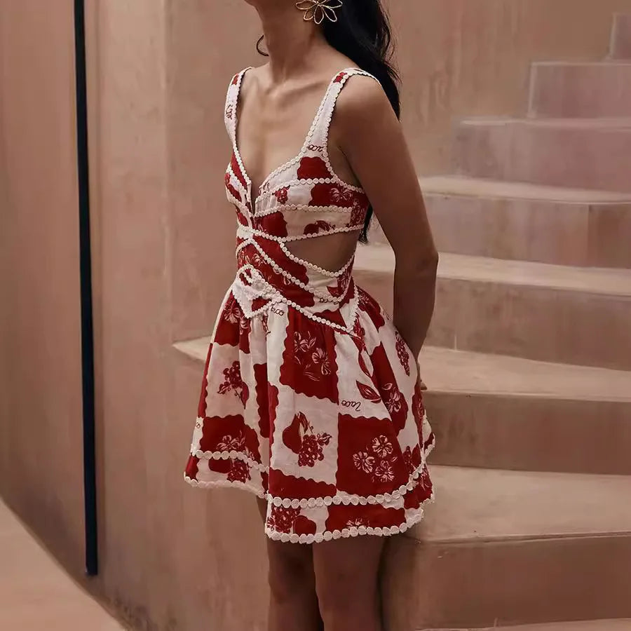 Sweet And Spicy Flower Print Mini Dresses Women Sexy Hollow Out Backless Sleeveless Short Dress Fashion Spaghetti Strap Vestidos