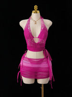 DEKA Sexy Neck Bikini Set Mesh Cover UpsWomen Pink Swimsuit Female Swimwear Shirt Dress Bathing Suit Beachwear Summer