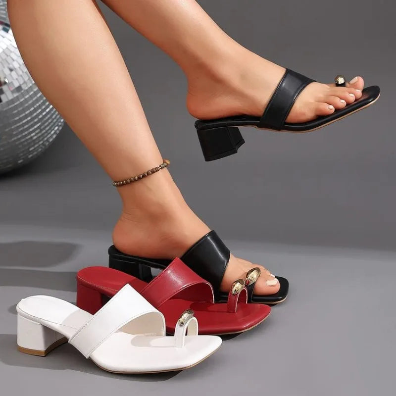 Female Chunky Heel Slippers Summer Fashion Square Head Shoes Lightweight Non-slip Square Head Open Toe Solid Color Sandals